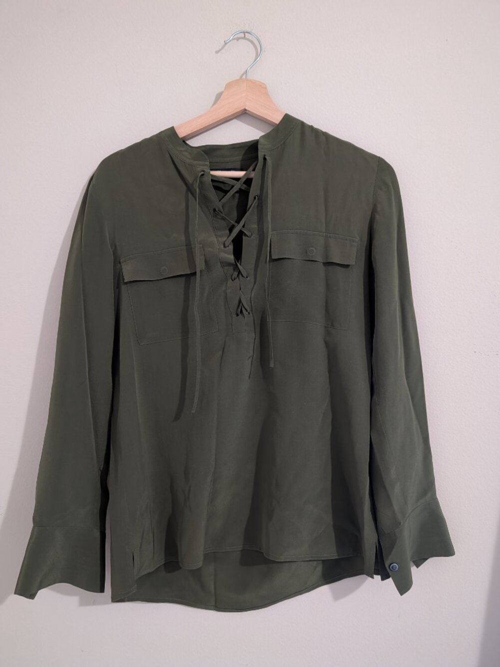 Madewell 100% Silk Lace-Up Blouse, Olive Green Shirt, Utility Boho Top Size XXS